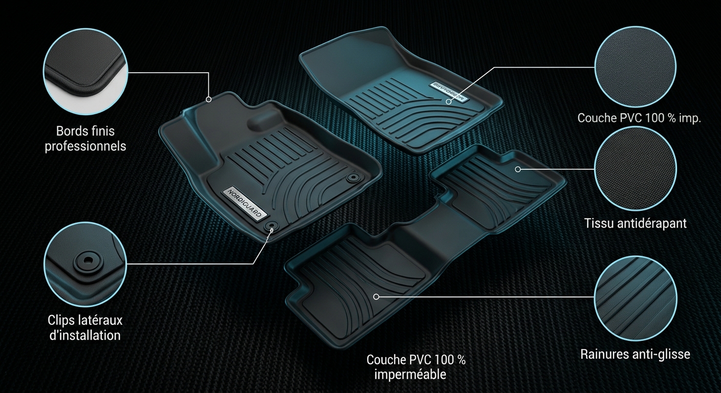 Vue éclatée du tapis NordiGuard : bords finis, clips d'installation, couche PVC imperméable, rainures anti-glisse